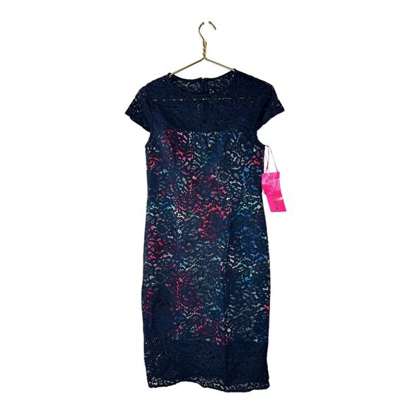 NWT Betsey Johnson Lace Overlay Floral Sheath Dress Navy Floral Women's Size 8 - Picture 8 of 13